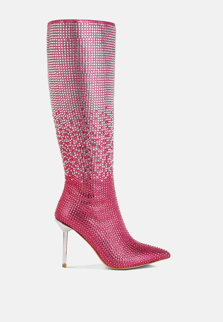 women shiny rhinestone studded calf boots#color_pink