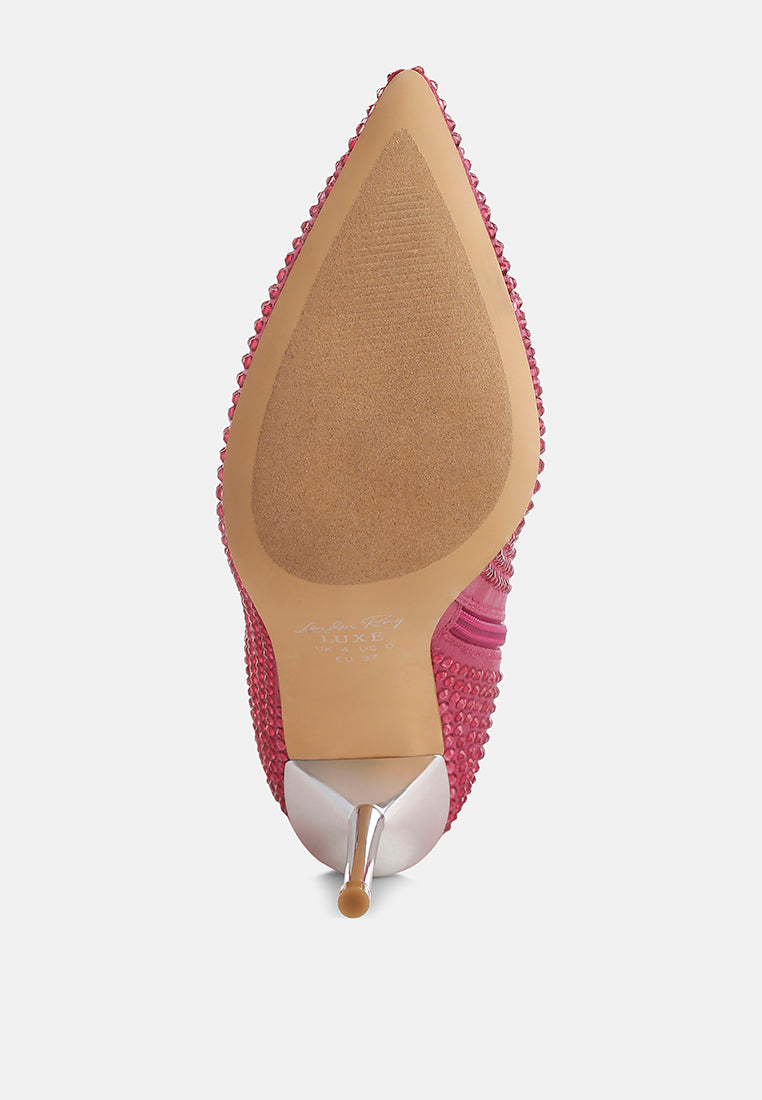 women shiny rhinestone studded calf boots#color_pink