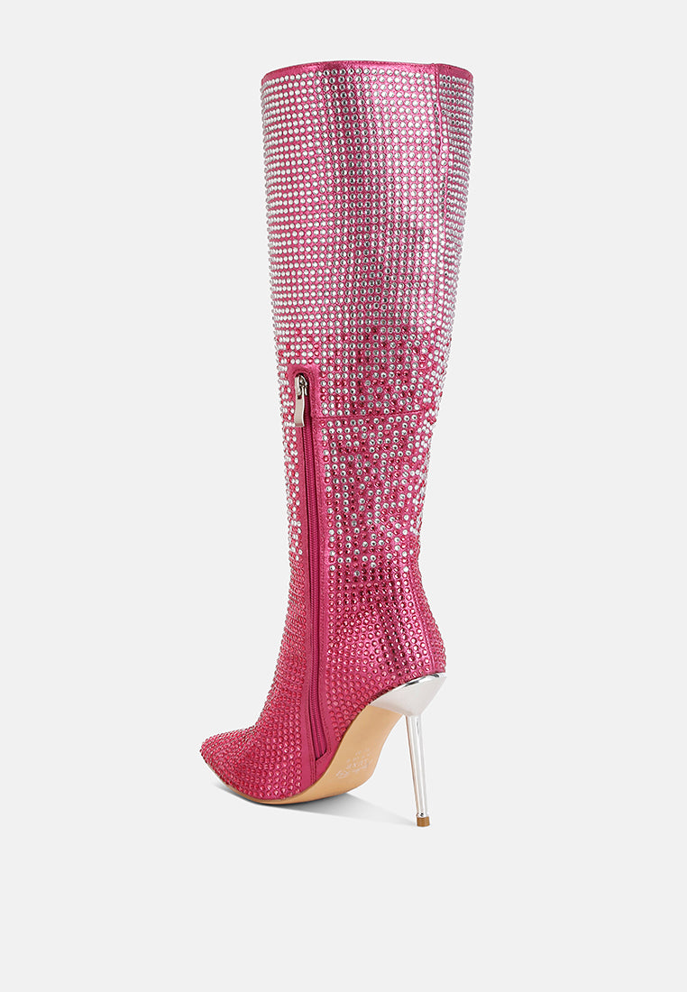 women shiny rhinestone studded calf boots#color_pink
