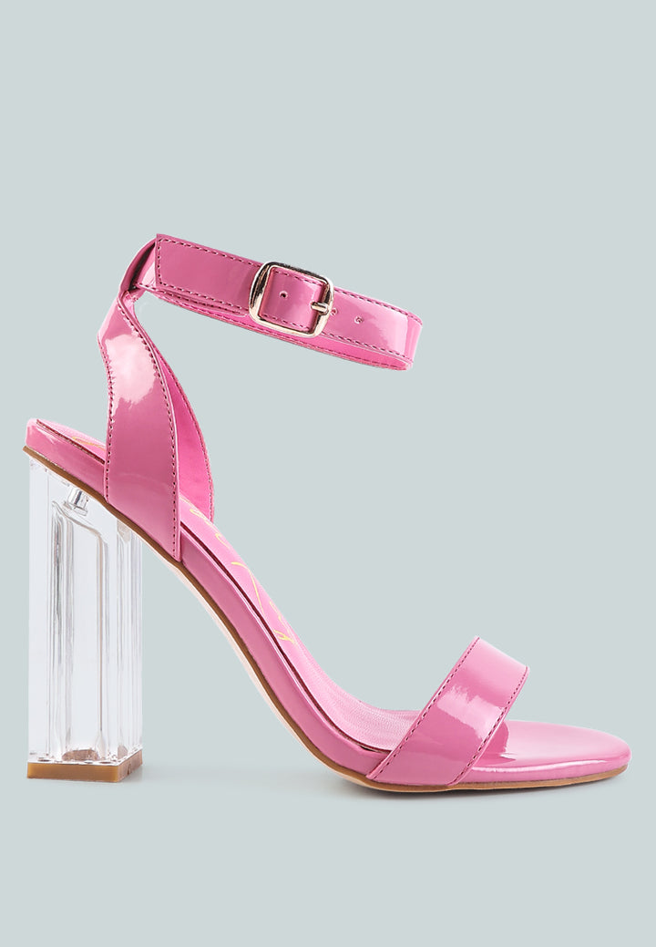 women clear high heeled block sandals#color_pink