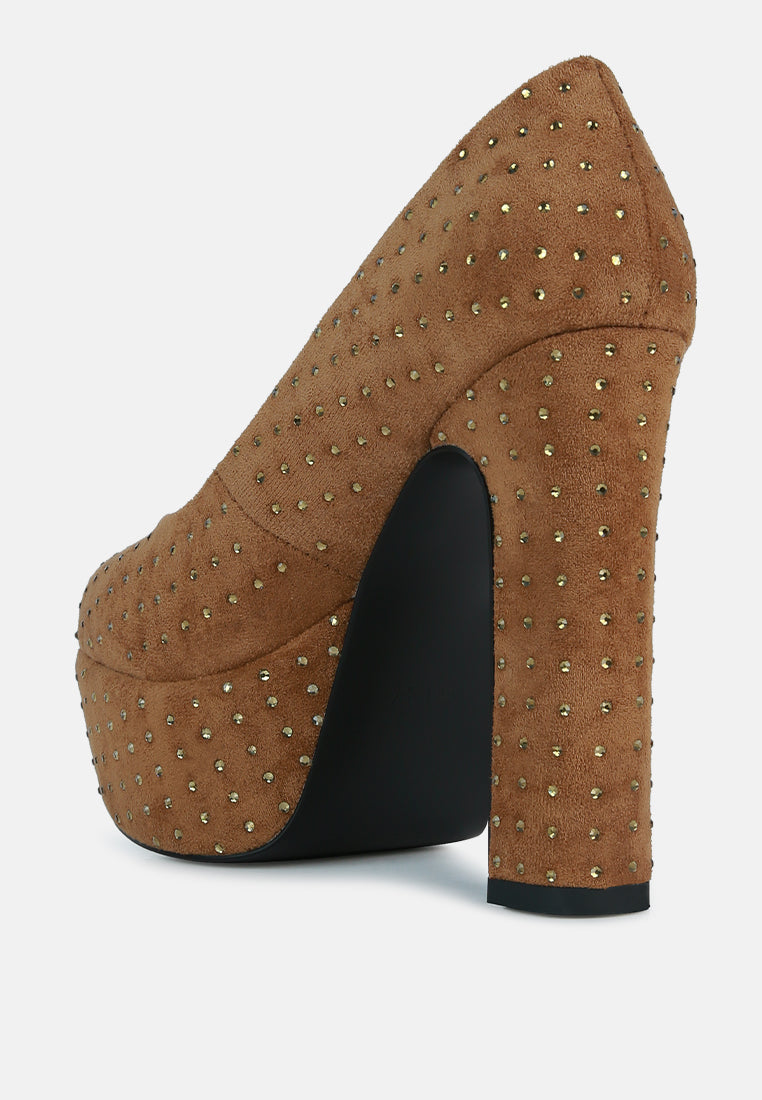 women tan diamante platform heel block pumps#color_tan