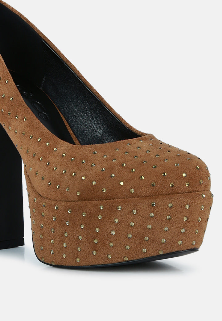 women tan diamante platform heel block pumps#color_tan