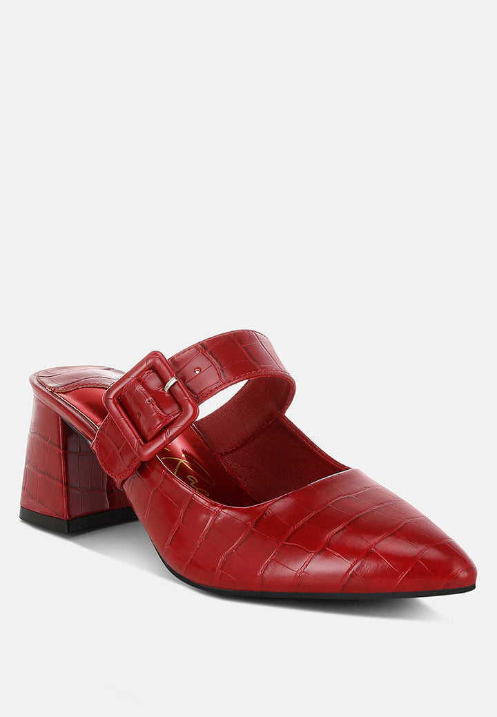 croco buckle strap detail mules by mode#color_red