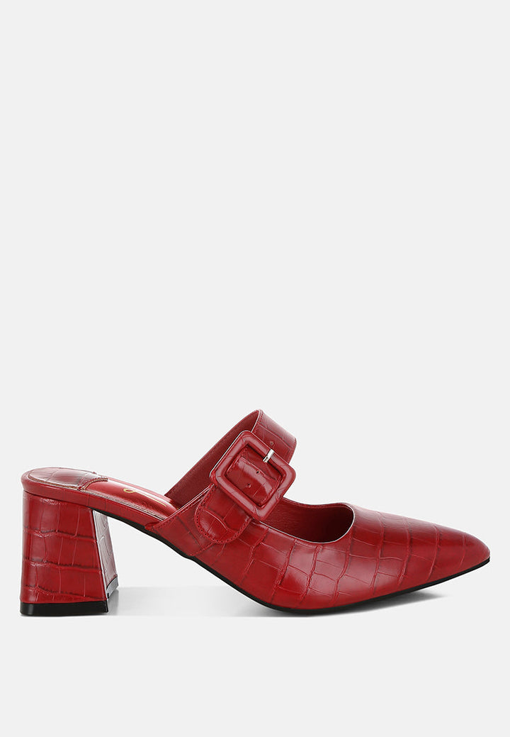 croco buckle strap detail mules by mode#color_red