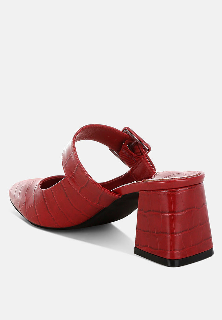croco buckle strap detail mules by mode#color_red