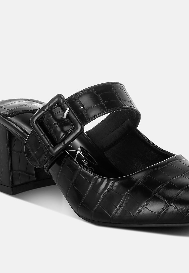 croco buckle strap detail mules by mode#color_black