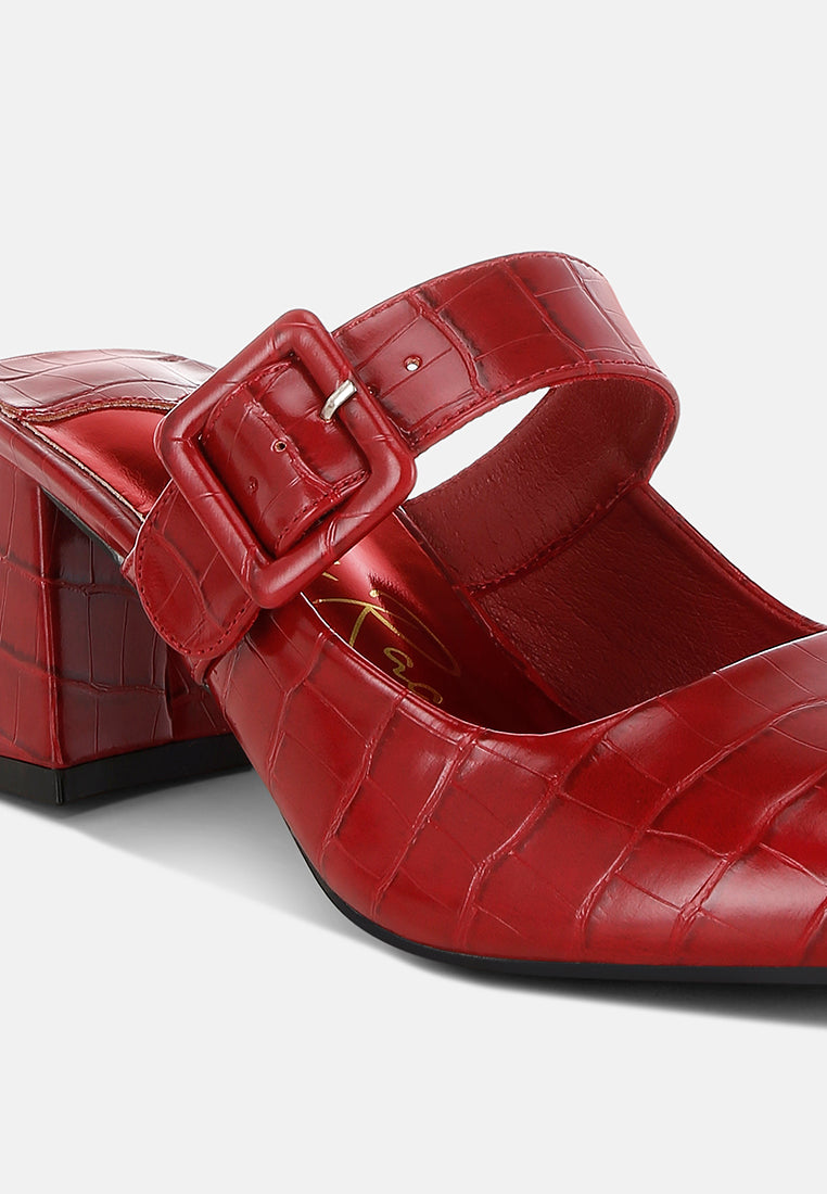 croco buckle strap detail mules by mode#color_red