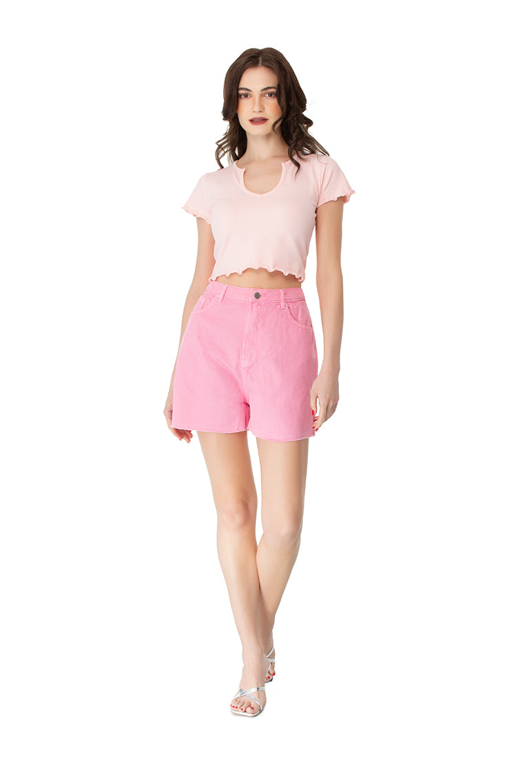 Pink Raw Hem Denim Shorts