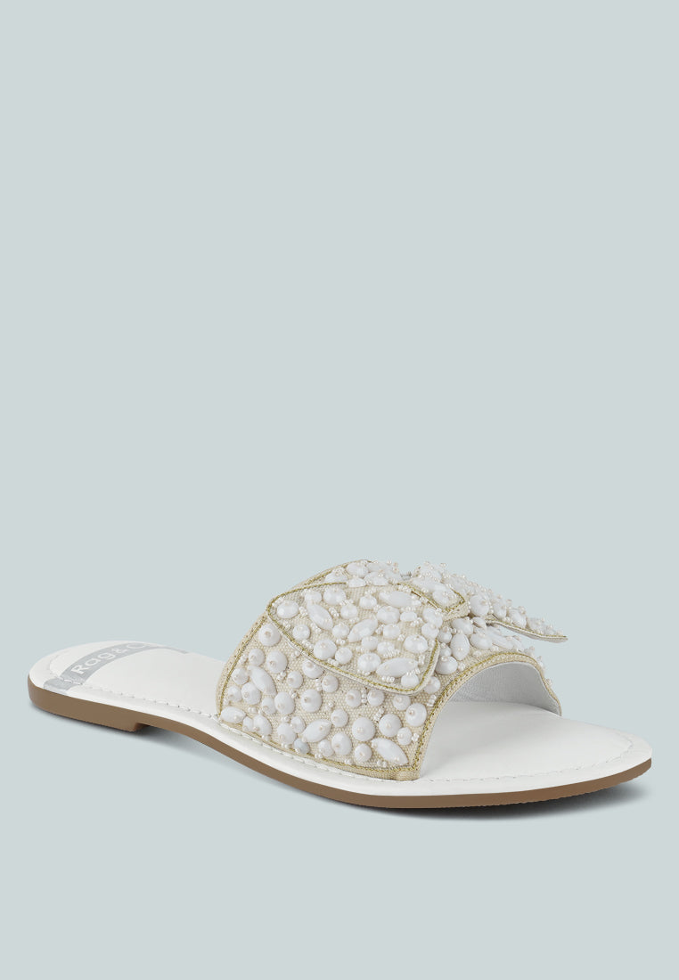 women big bow beaded flats#color_white