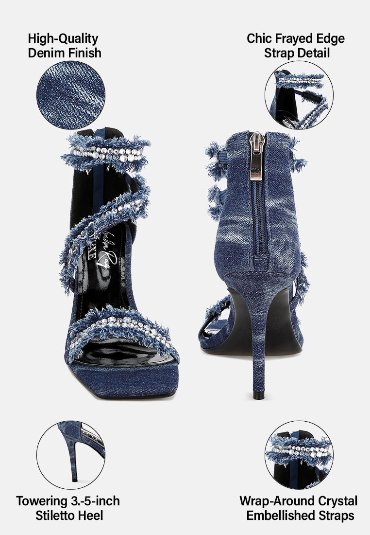 Women Diamante Embellished Denim Stiletto Heels