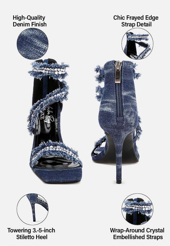 Women Diamante Embellished Denim Stiletto Heels