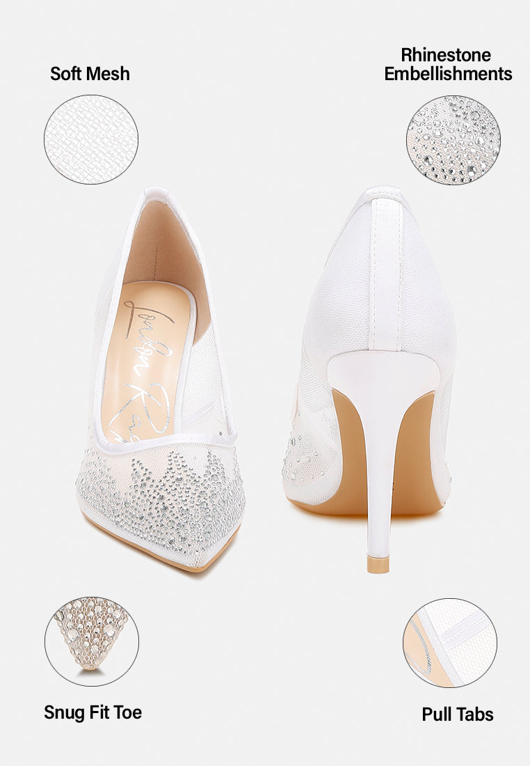 women mesh rhinestone stiletto pumps#color_white