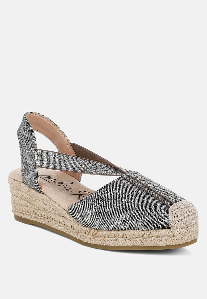 women metallic woven espadrille wedges#color_black