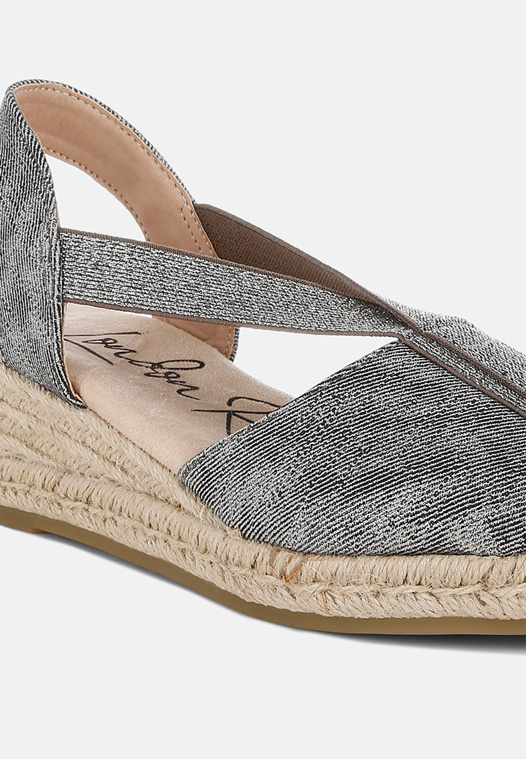 women metallic woven espadrille wedges#color_black