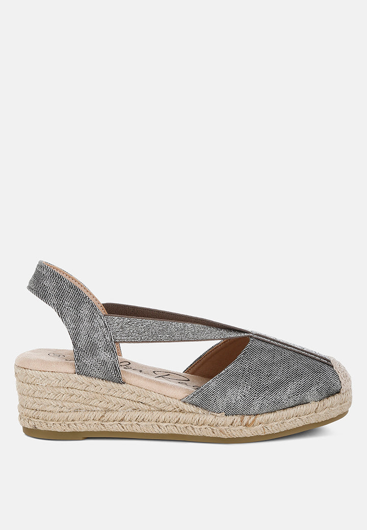women metallic woven espadrille wedges#color_black
