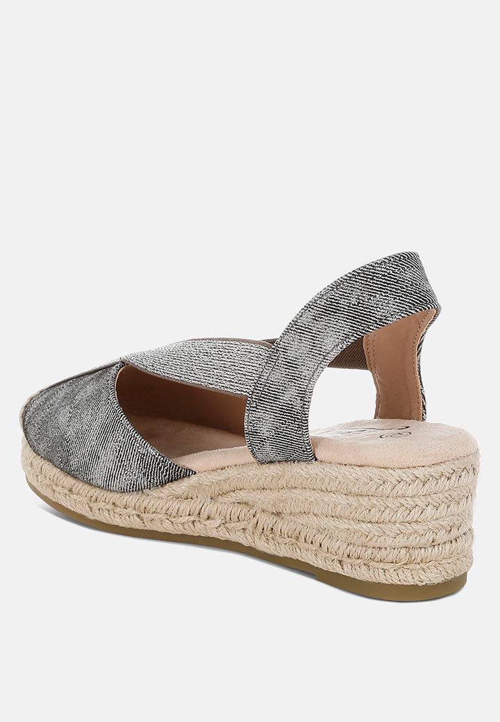 women metallic woven espadrille wedges#color_black