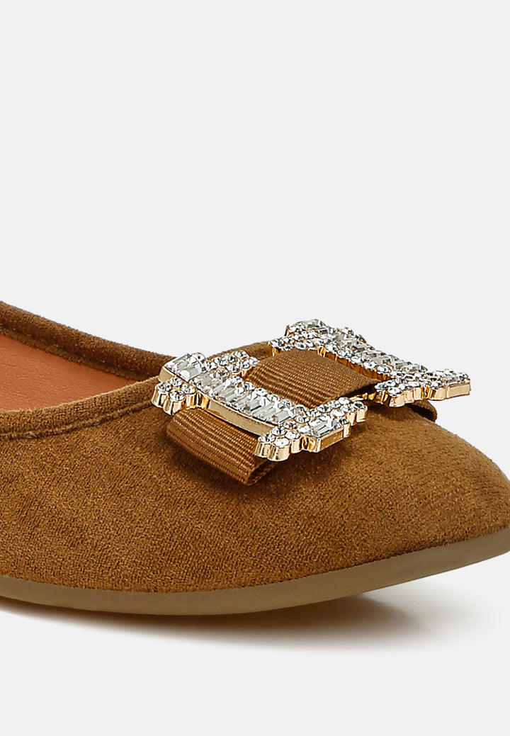 women rhinestone buckle detail ballerinas#color_tan