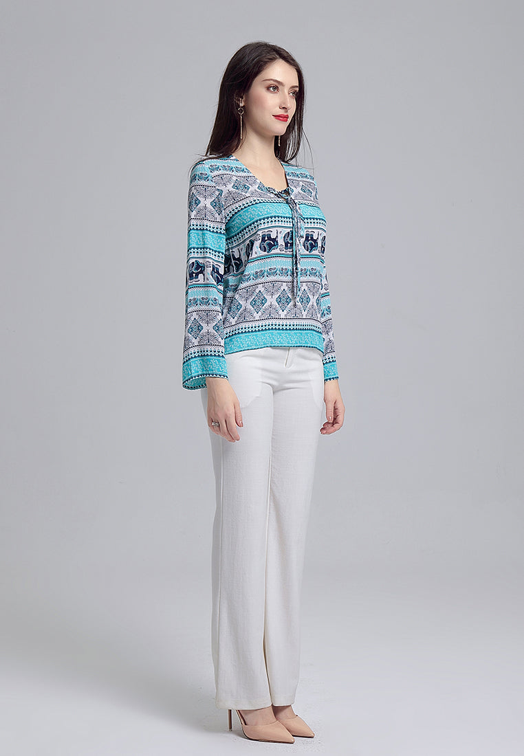 Aqua Blue Printed Long Sleeve Top