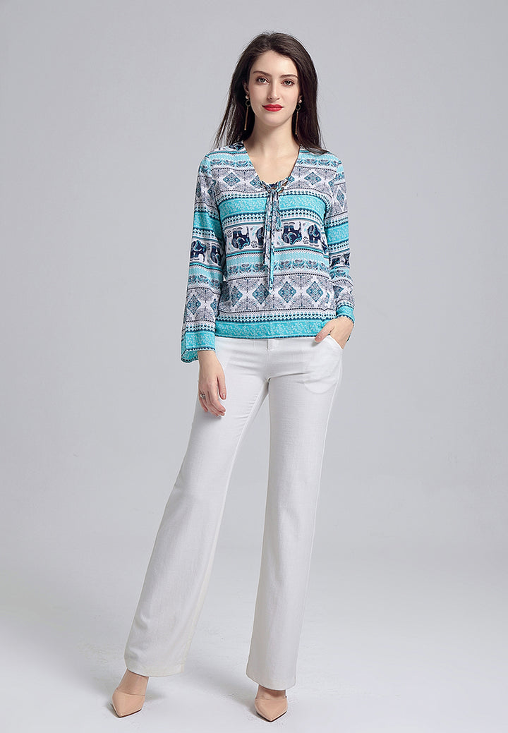 Aqua Blue Printed Long Sleeve Top