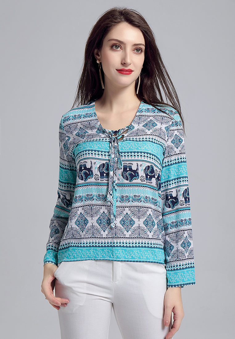 Aqua Blue Printed Long Sleeve Top