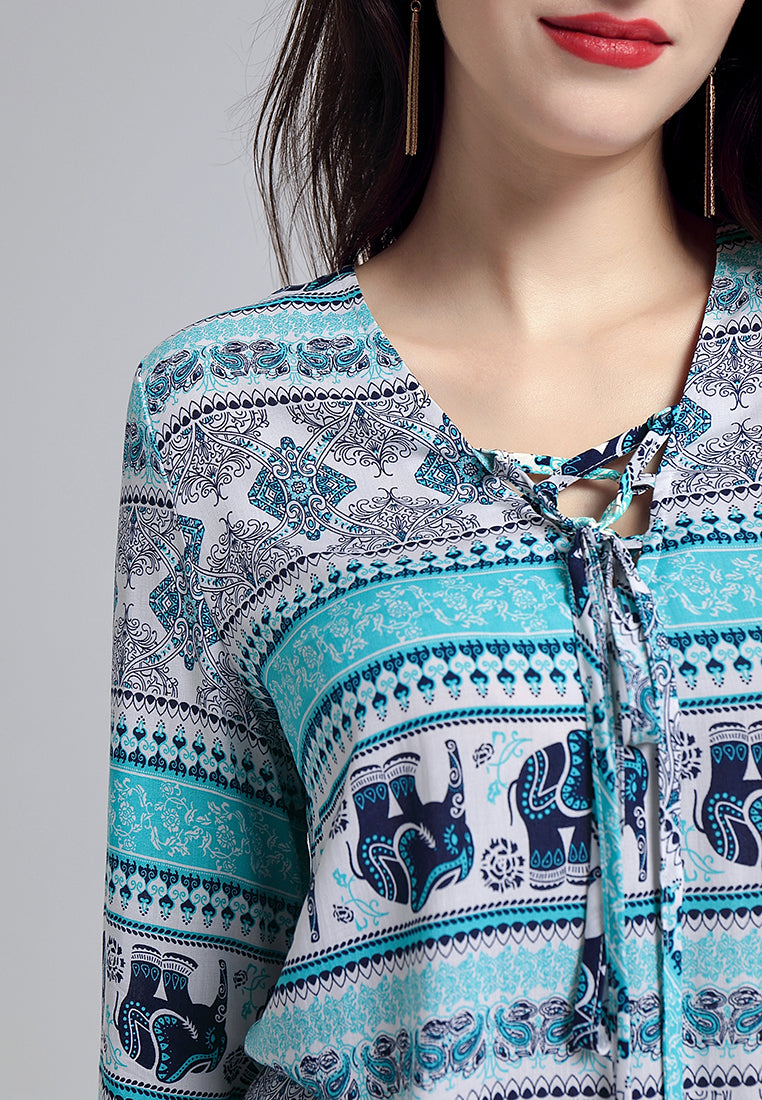 Aqua Blue Printed Long Sleeve Top