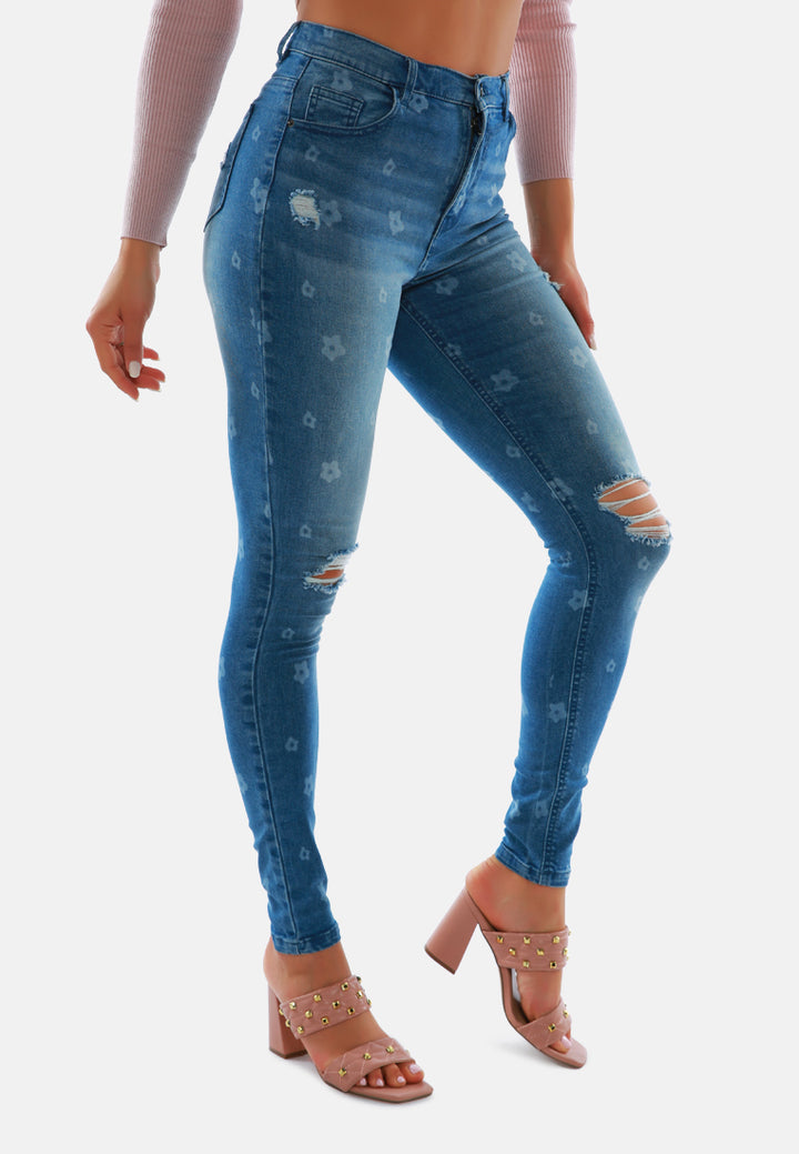 women printed ripped slim fit blue denim pants#color_blue