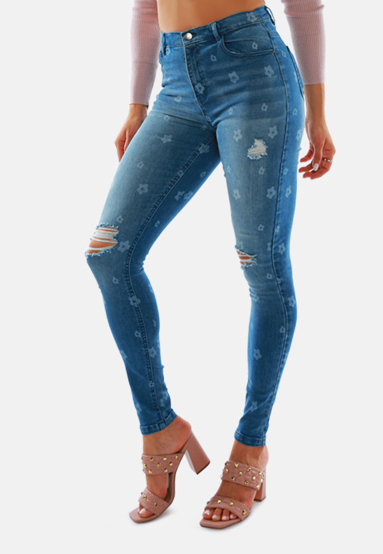 women printed ripped slim fit blue denim pants#color_blue