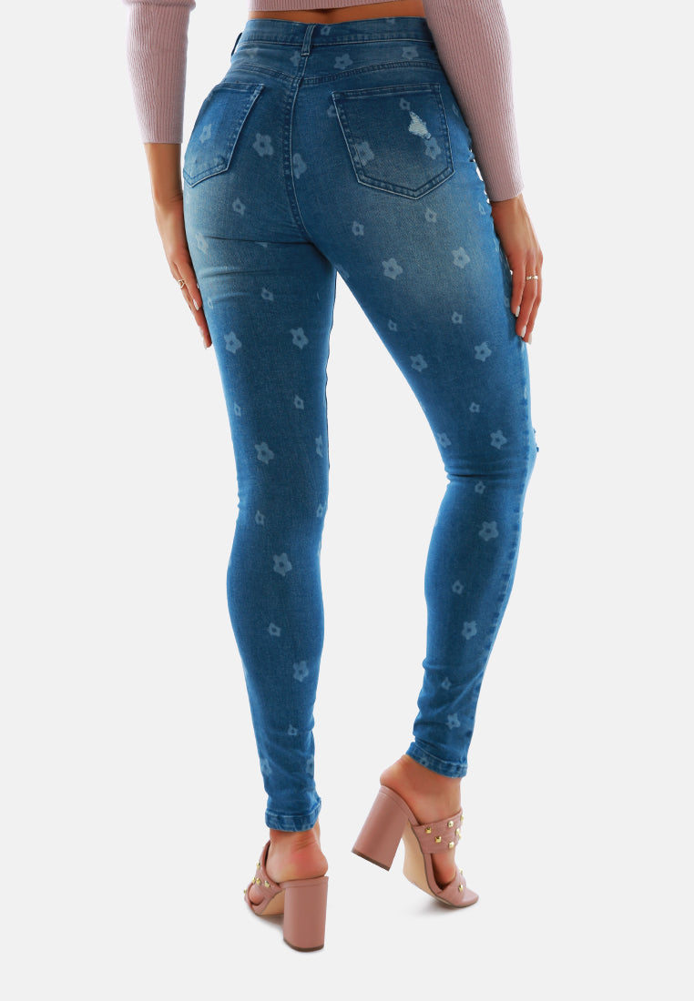 women printed ripped slim fit blue denim pants#color_blue