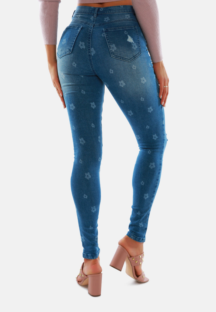 women printed ripped slim fit blue denim pants#color_blue