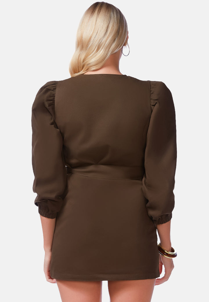 Women Puff Sleeve Mini Shirt Dress