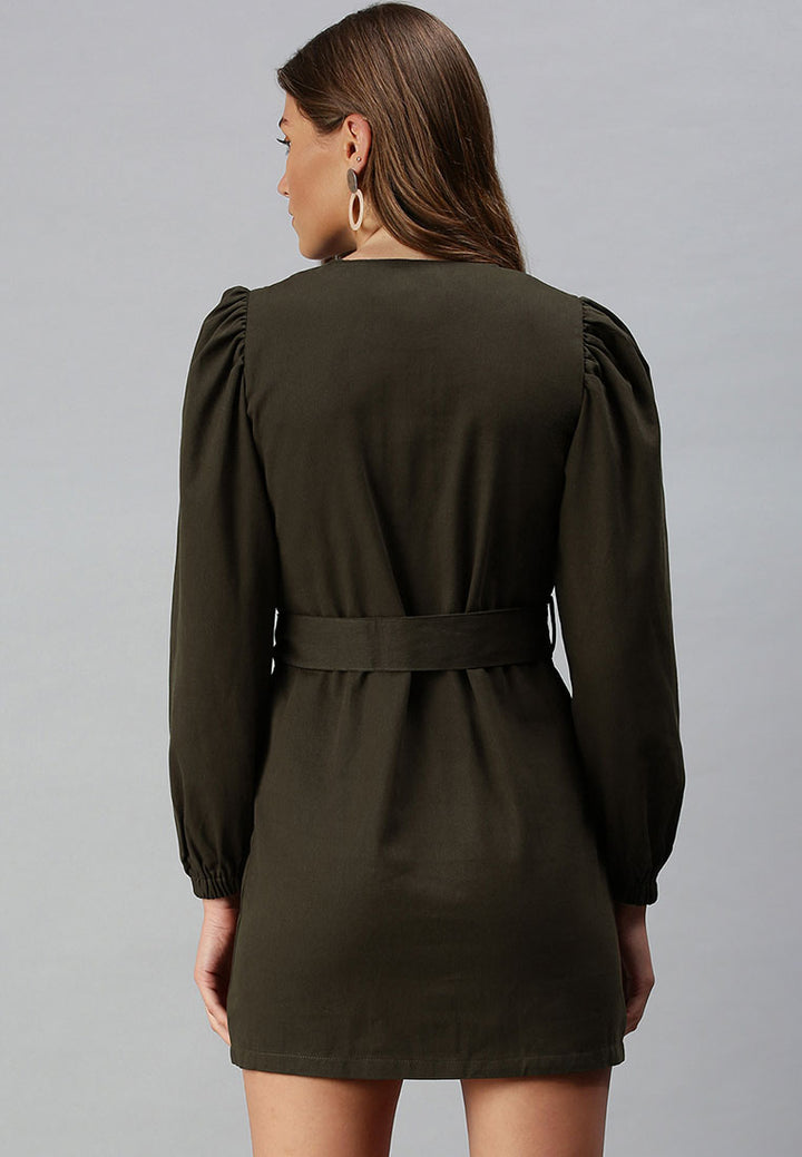 women khaki puff sleeve mini shirt dress#color_chocolate