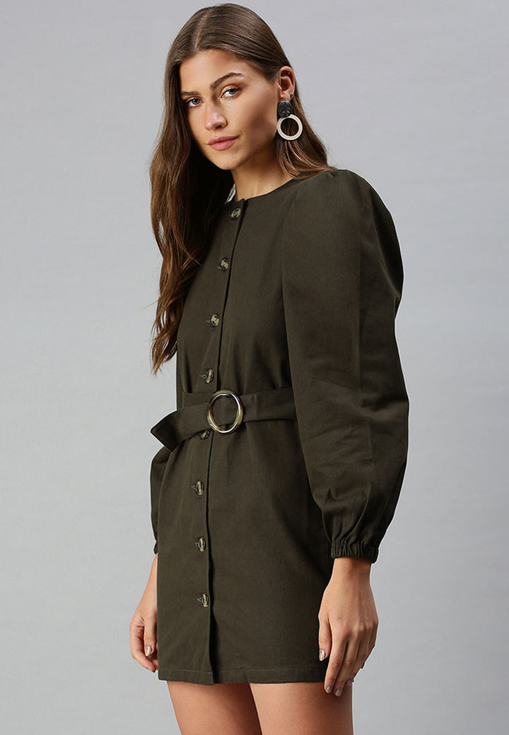 women khaki puff sleeve mini shirt dress#color_chocolate