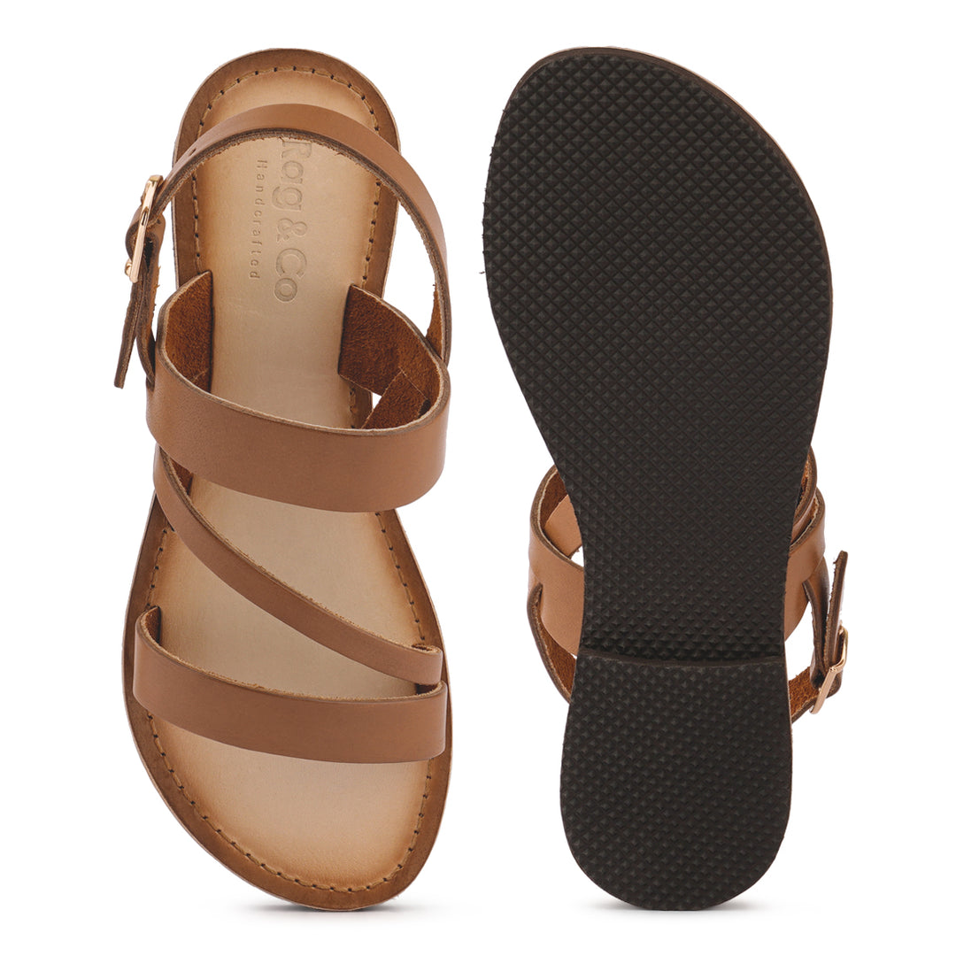 women flat sandal with ankle strap#color_tan