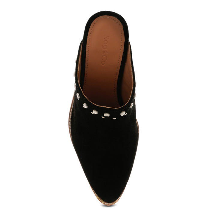 women stacked heel mules#color_black