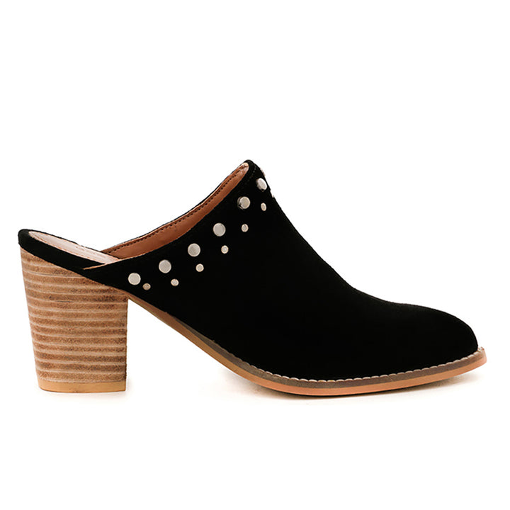 women stacked heel mules#color_black