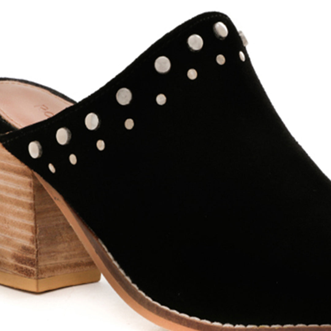 women stacked heel mules#color_black