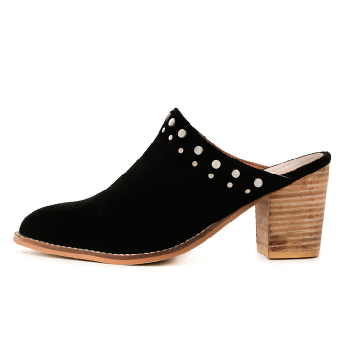 women stacked heel mules#color_black