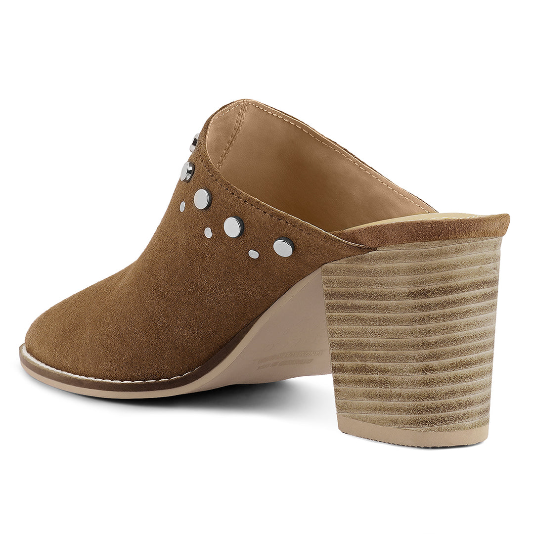 women stacked heel mules#color_tan