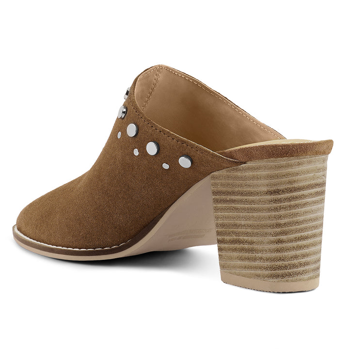 women stacked heel mules#color_tan