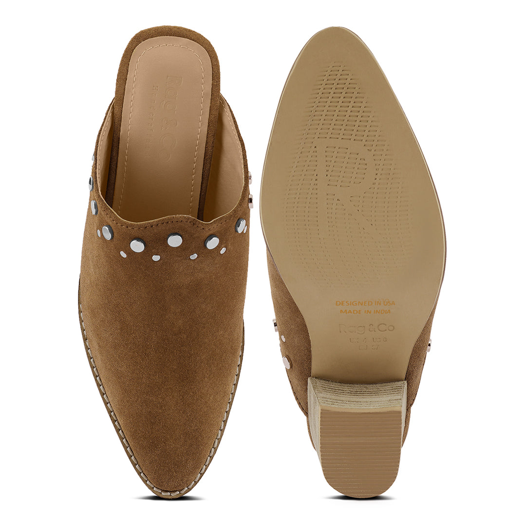 women stacked heel mules#color_tan