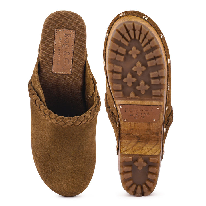 women fine suede leather clogs#color_tan