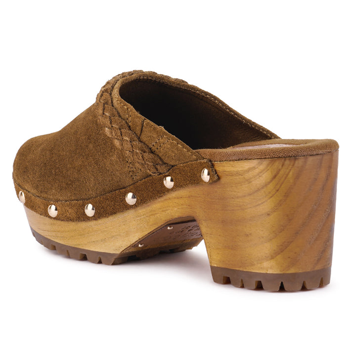 women fine suede leather clogs#color_tan