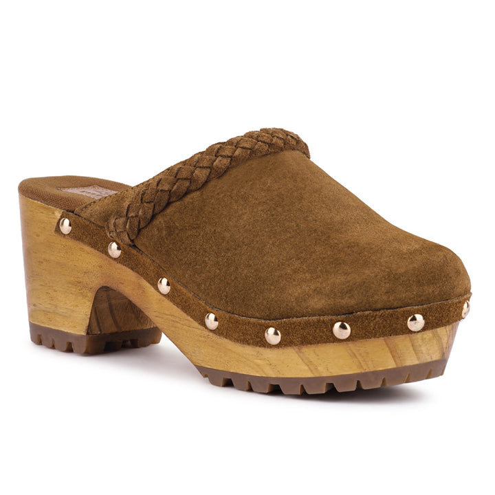 women fine suede leather clogs#color_tan