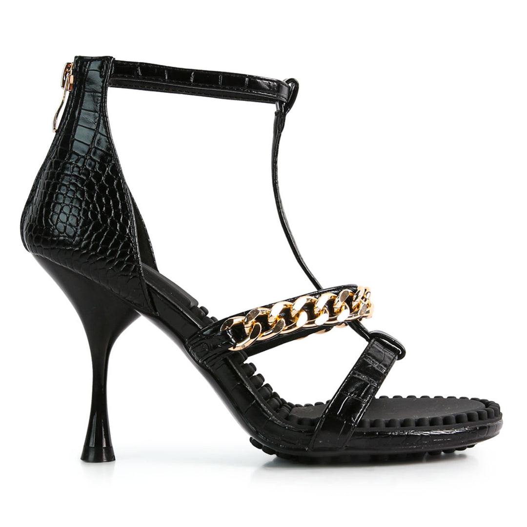 Black Metal Chain Mid Heel Sandals