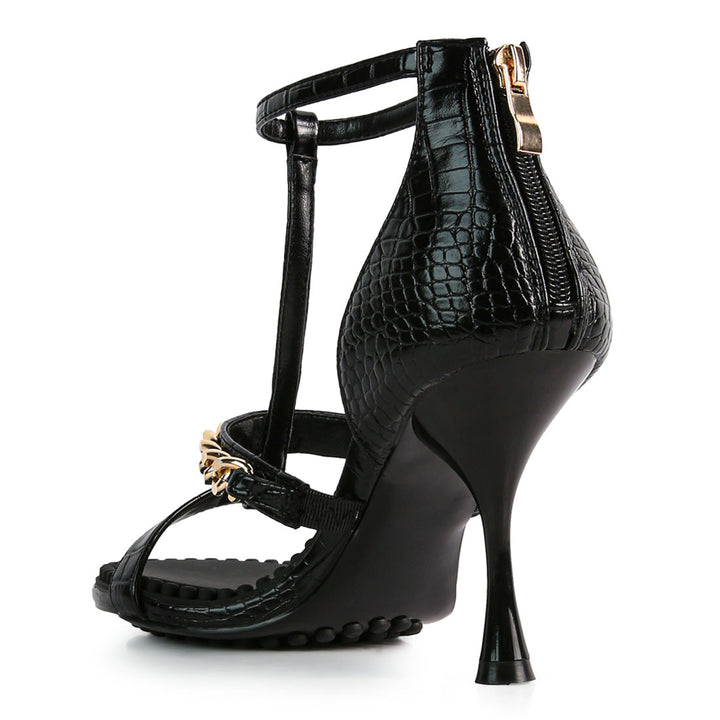 Black Metal Chain Mid Heel Sandals