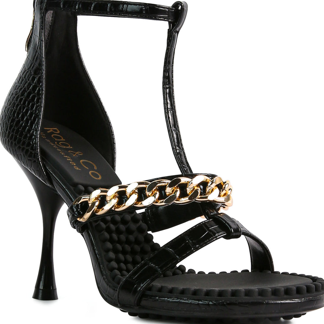 Black Metal Chain Mid Heel Sandals