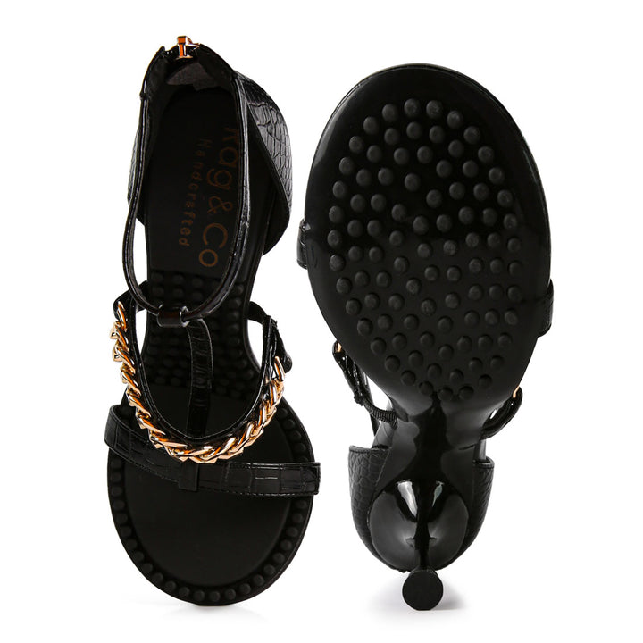 Black Metal Chain Mid Heel Sandals