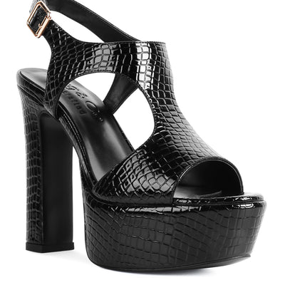 Croc High Heeled Cut Out Sandals In Black