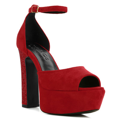 Red Studded Suede High Block Heeled Sandals