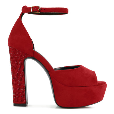 Red Studded Suede High Block Heeled Sandals